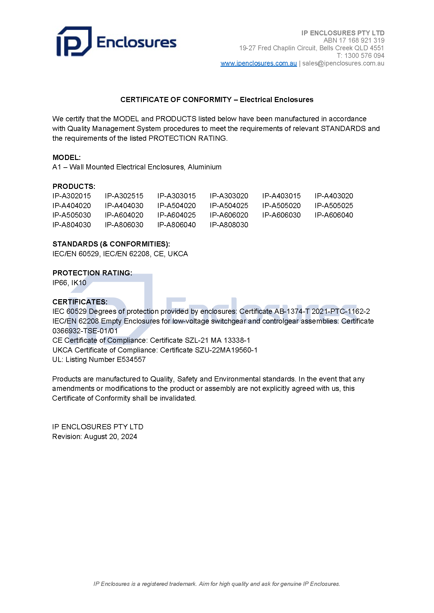 IP Enclosures Certificate – UKCA