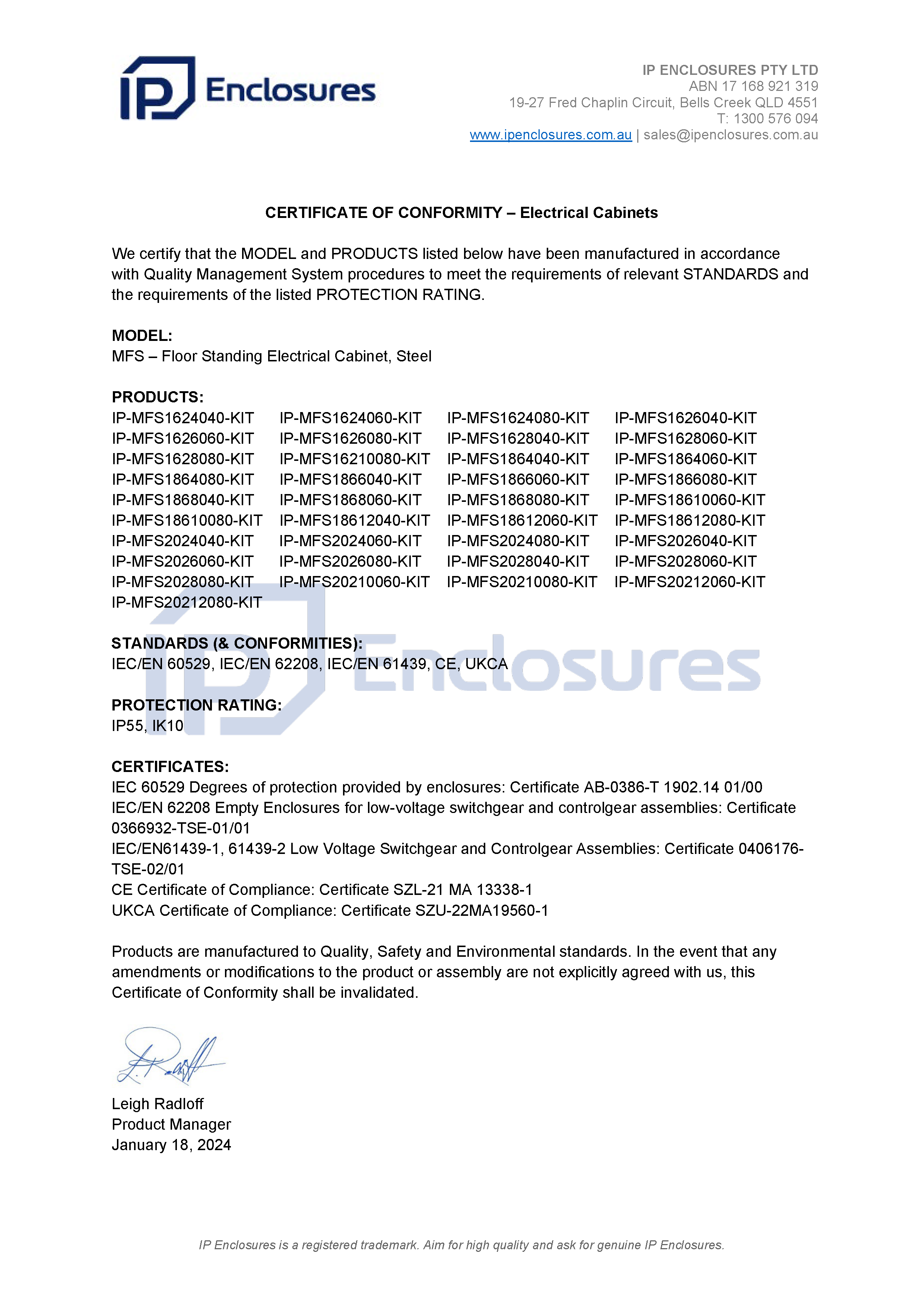 IP Enclosures Test Report - TS EN 60529 IP55 Floor Standing Cabinets