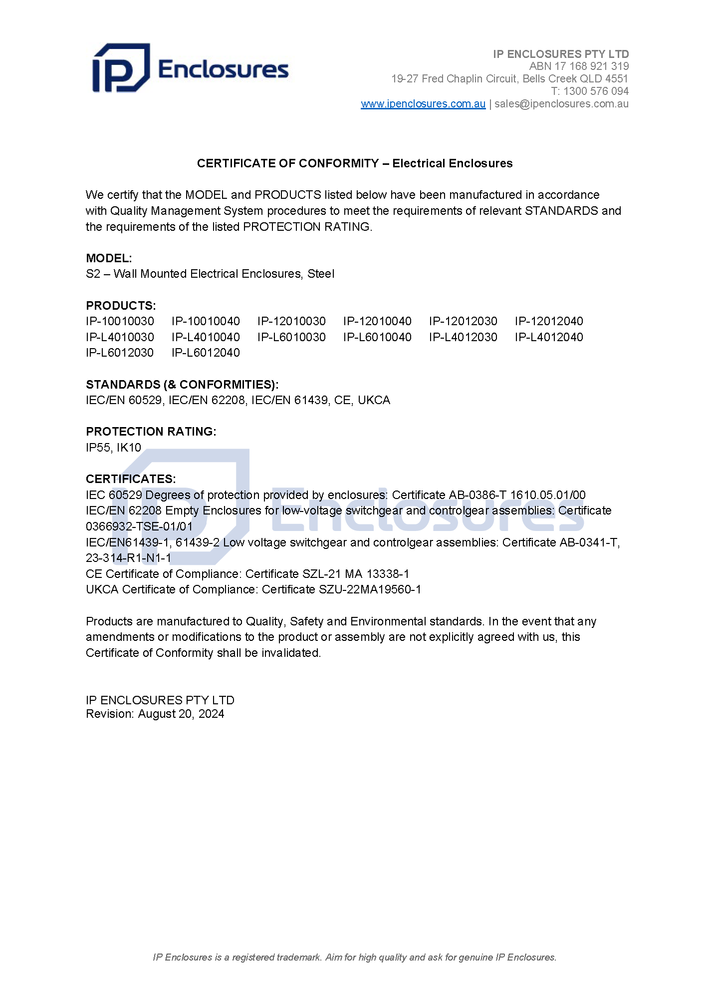 IP Enclosures Certificate – UKCA