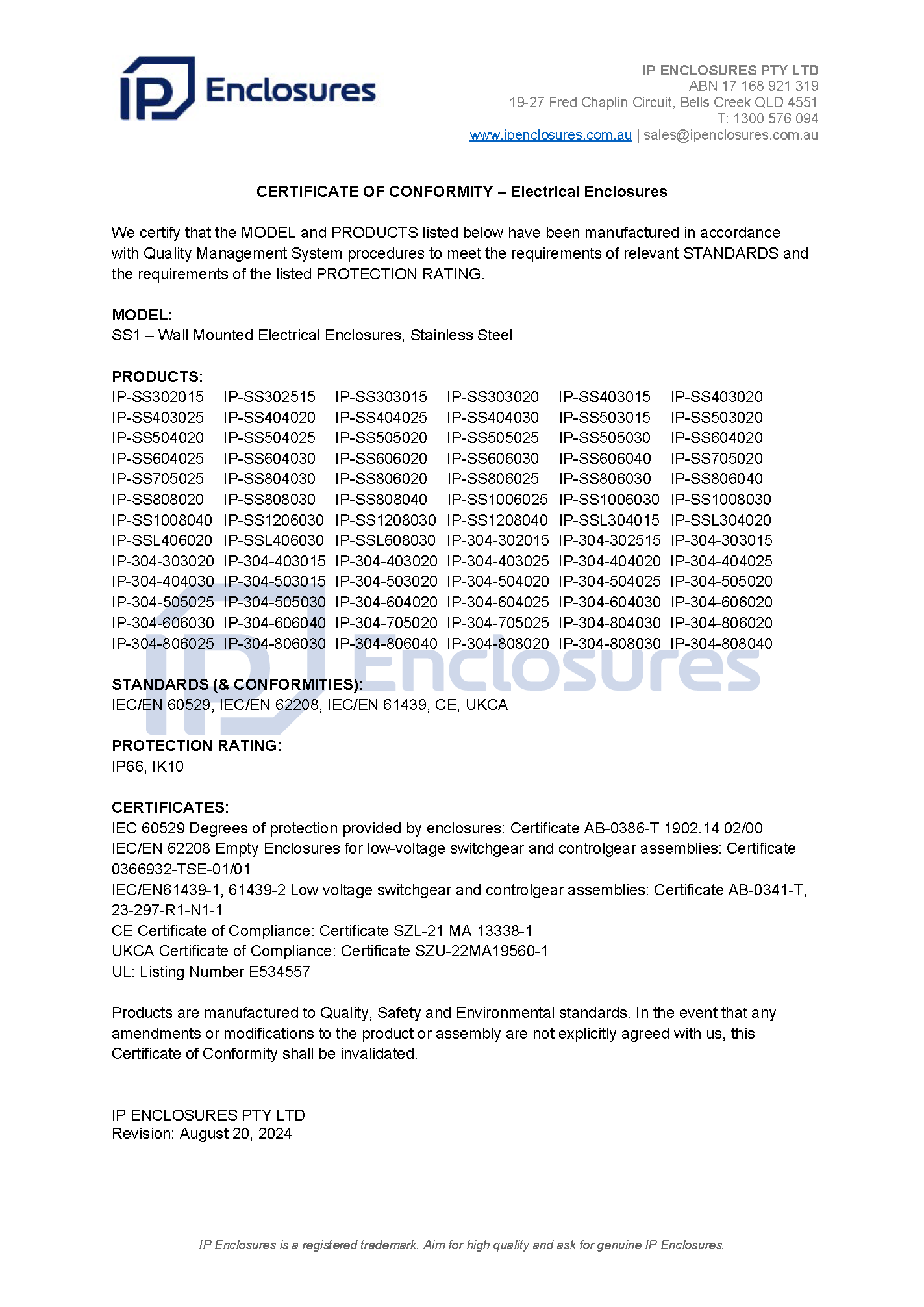 IP Enclosures Certificate – UKCA