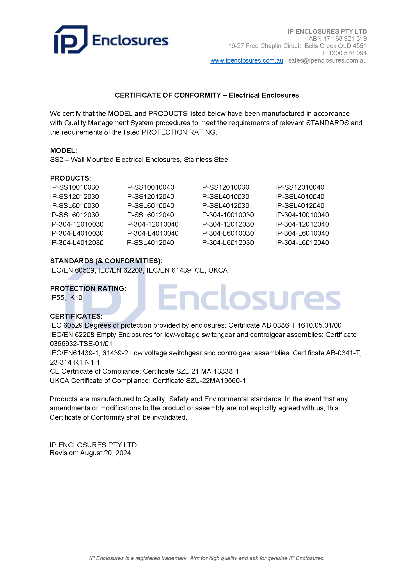 IP Enclosures Certificate - CE