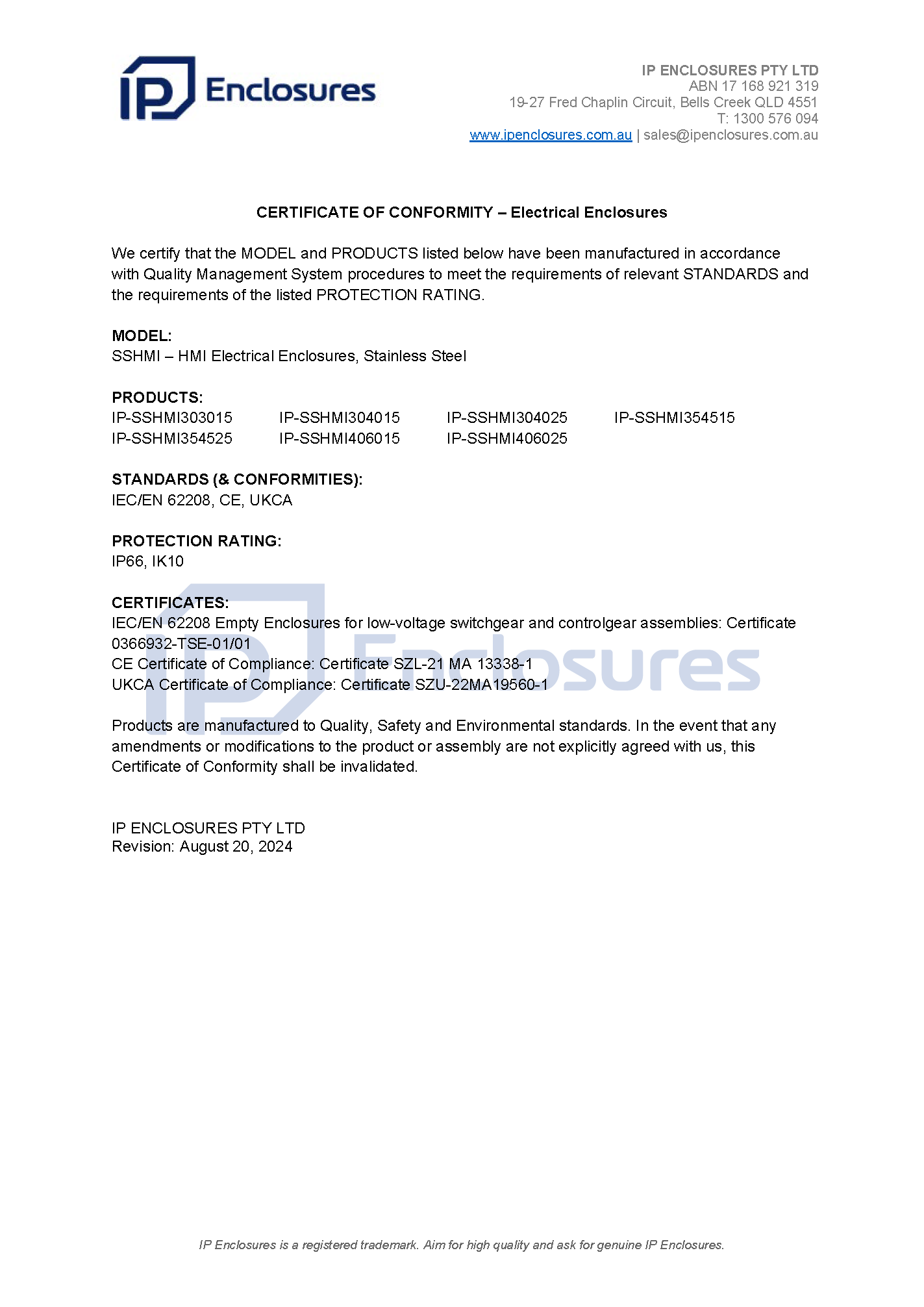 IP Enclosures Test Certificate Extract - TS EN 60529 IP68 Terminal Boxes